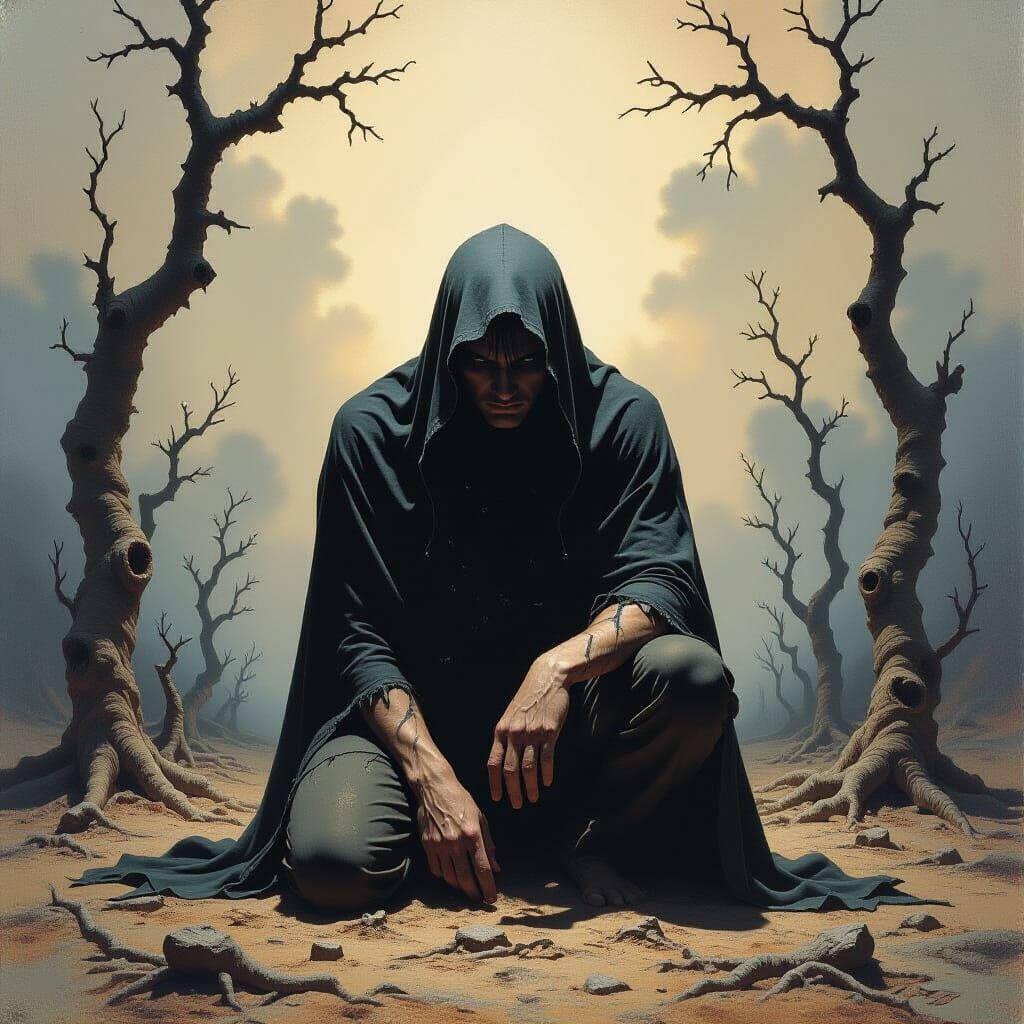 Sorrowful Figure in Dystopian Landscape