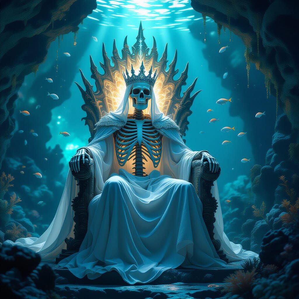 Skeleton King on Coral Throne in Bioluminescent Grotto
