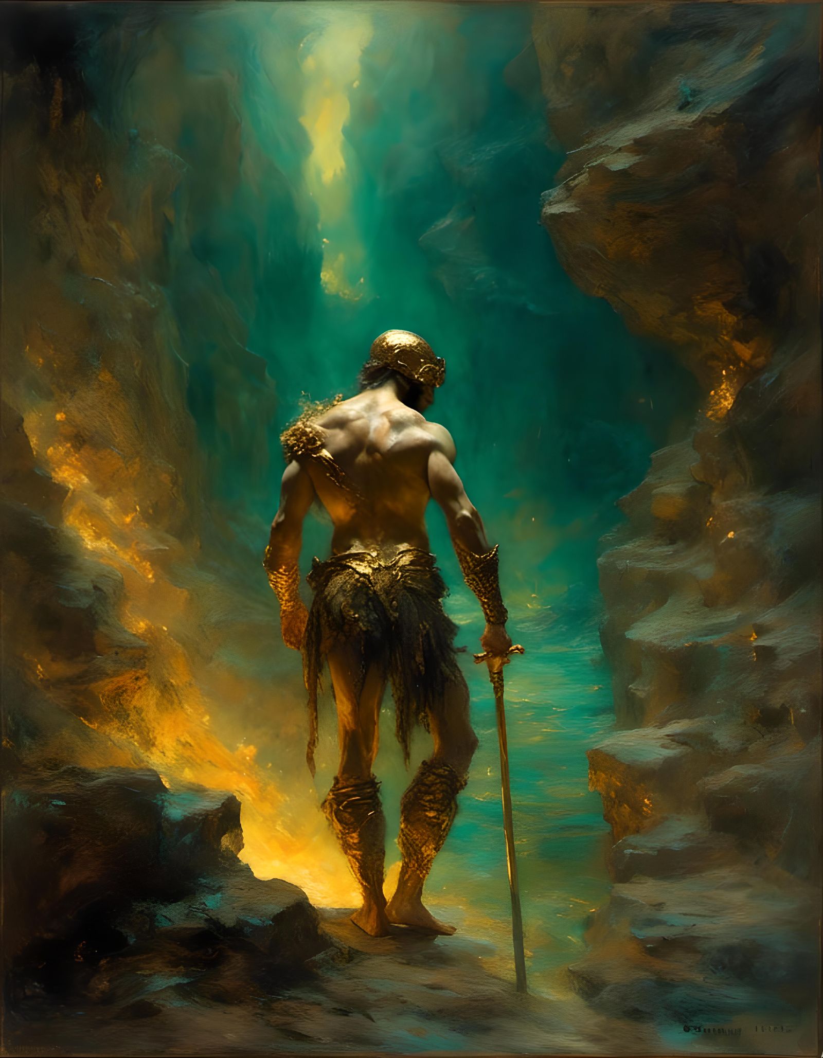 Muscular God in Grotto, Bussière Style Oil Painting