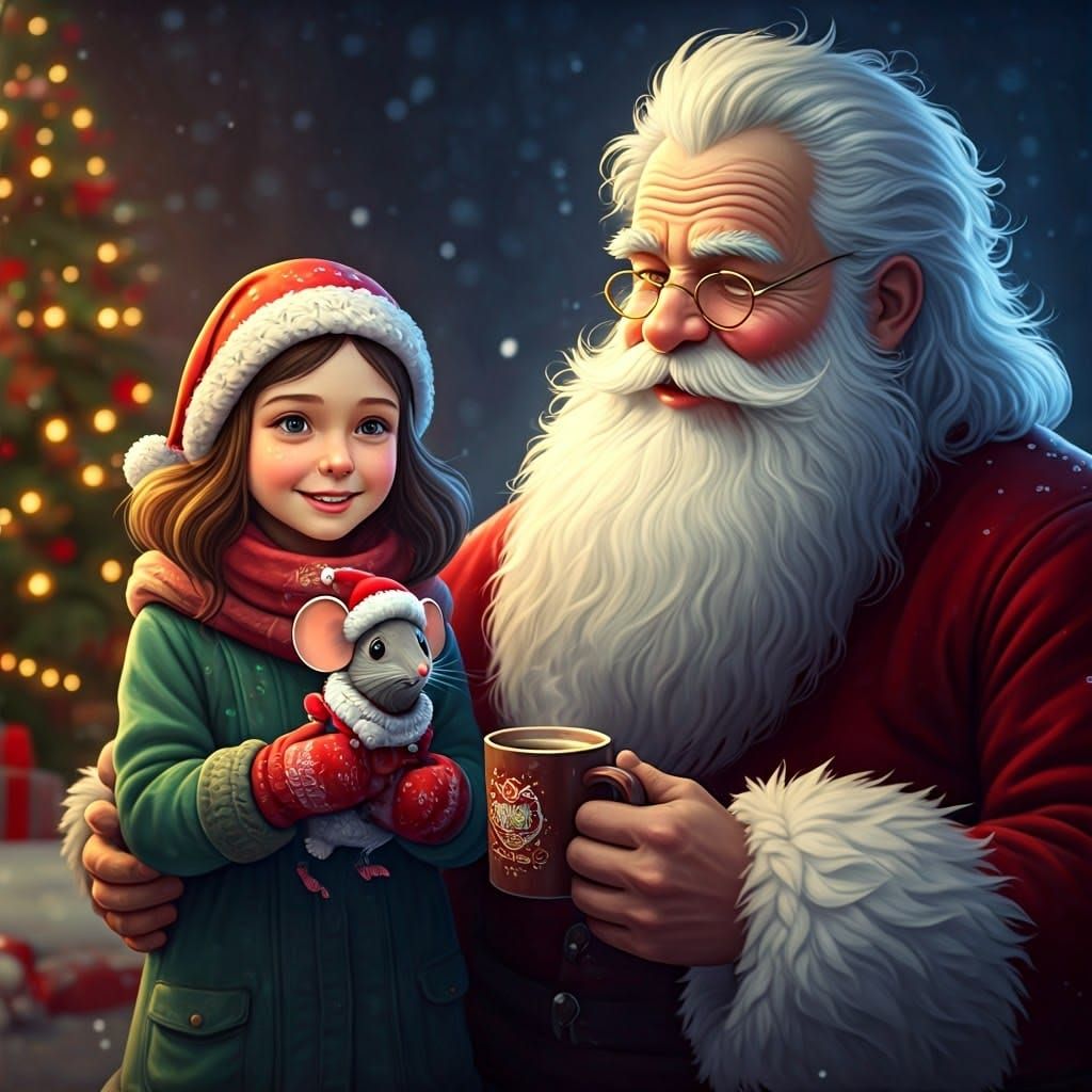 Festive Christmas Scene with Girl, Mouse, and Santa