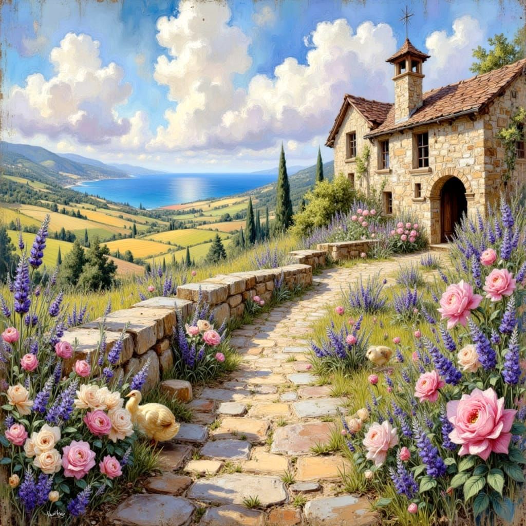 Whimsical Rural Landscape with Lavender Fields and Stone Cot...