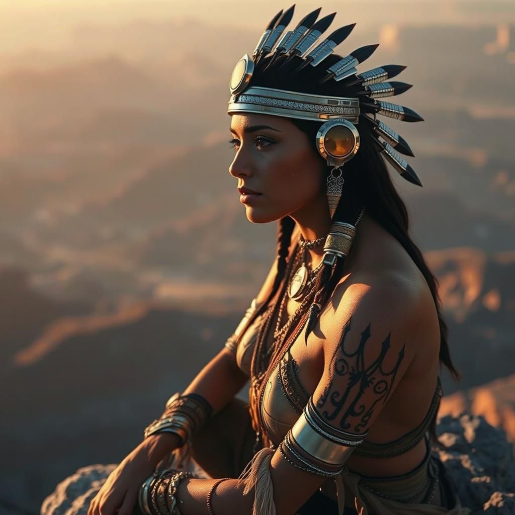 Cyborg Native American Woman in Dystopian Landscape