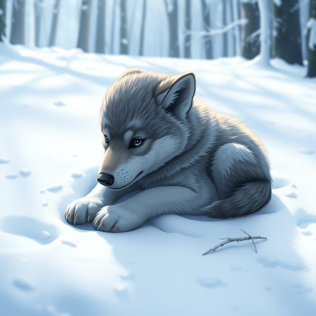 Grey Wolf Pup in Winter Wonderland