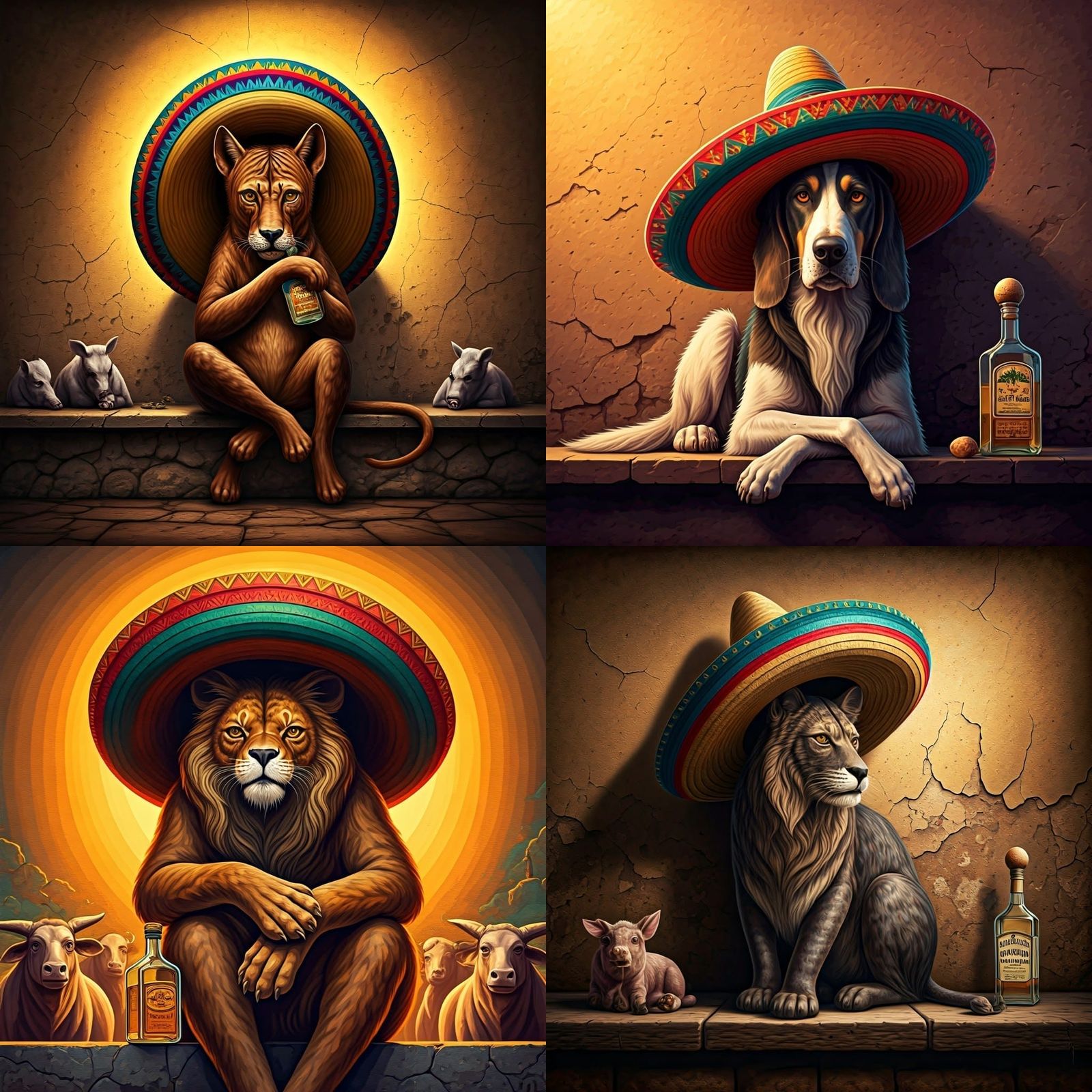 Wolf Lounging with Tequila Under Sombrero