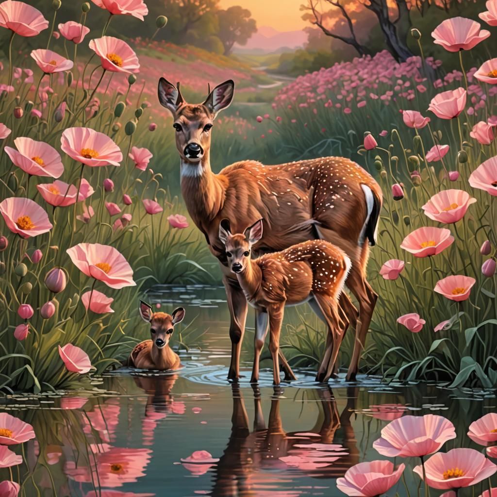 Poppies Reflecting Mother Deer and Fawn