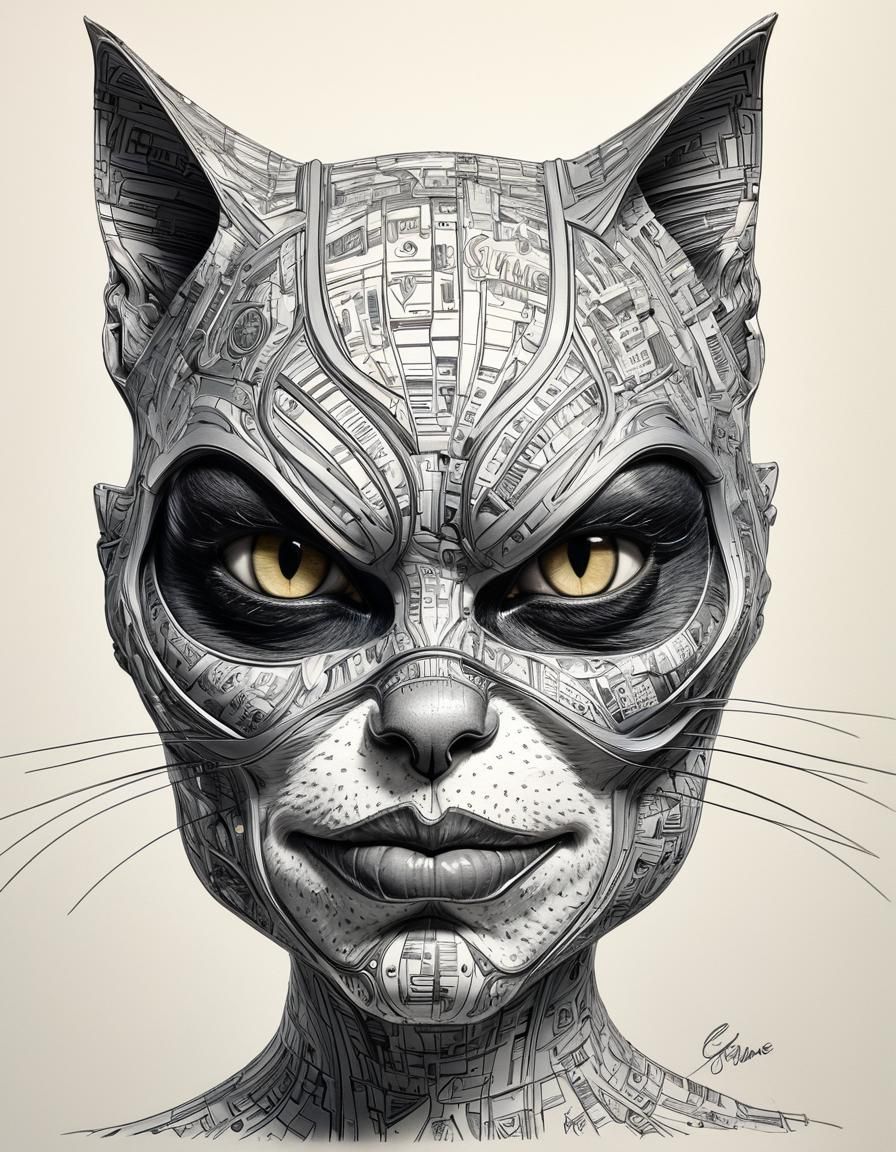 Funny Catwoman Caricature Portrait with Volumetric Lighting
