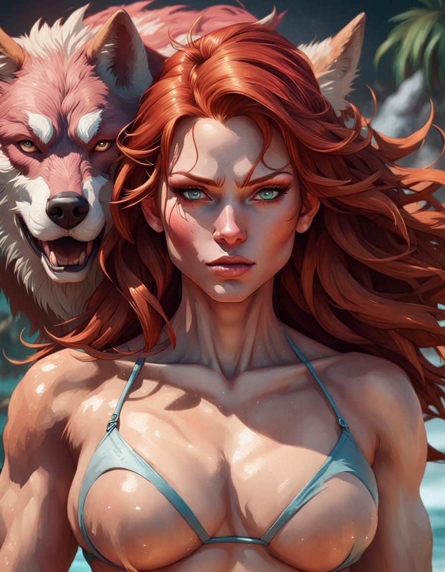 Redhead Bikini Babe Wolf Portrait, Digital Art