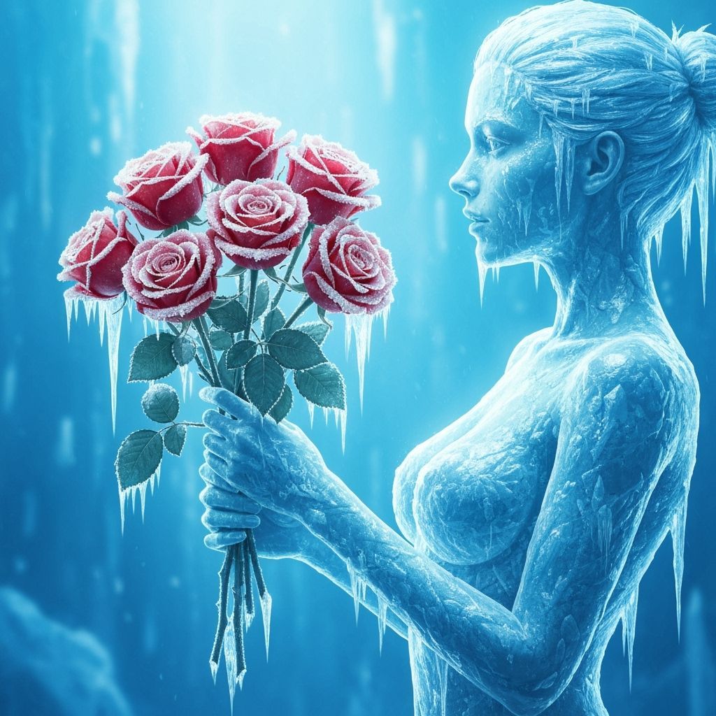 Ice Woman Holds Frosty Roses in Blue Tones