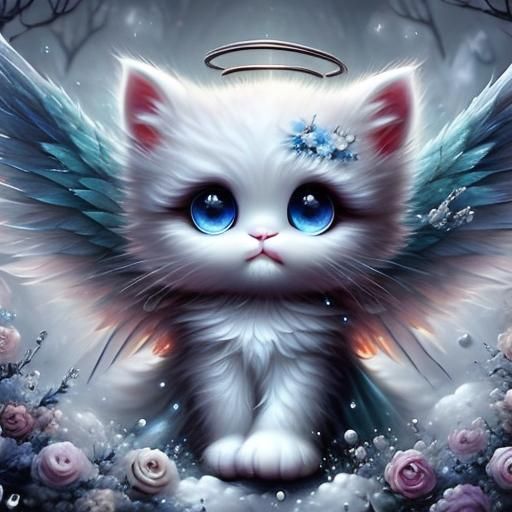 Precious Fluffy Kitten Cuddled in Blue Blanket