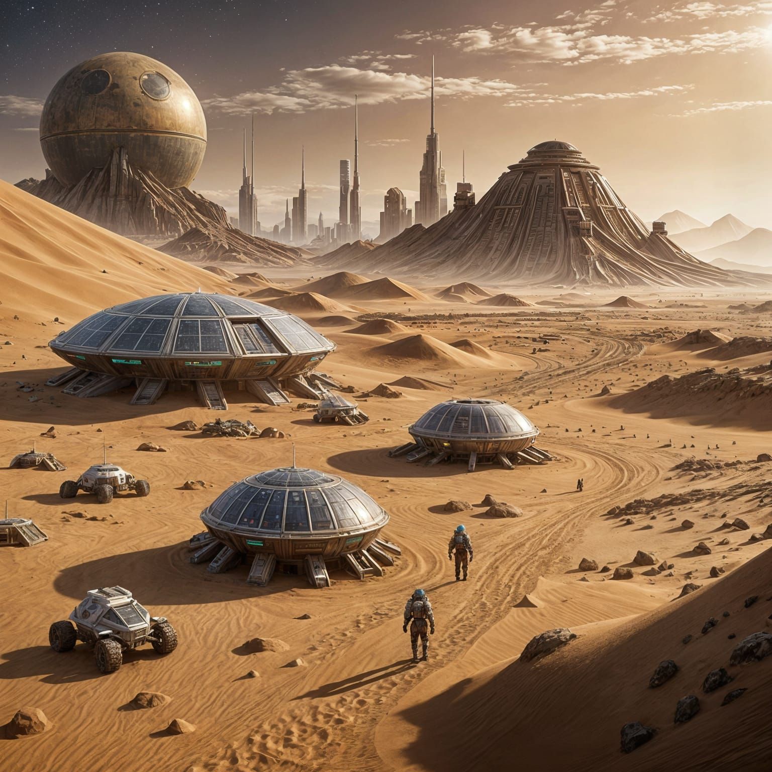 Robotic Explorers on Mars with Futuristic Outpost