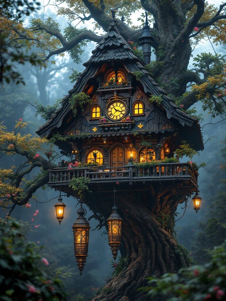 Dark Fantasy Treehouse in Intricately Detailed Cyberpunk Sty...