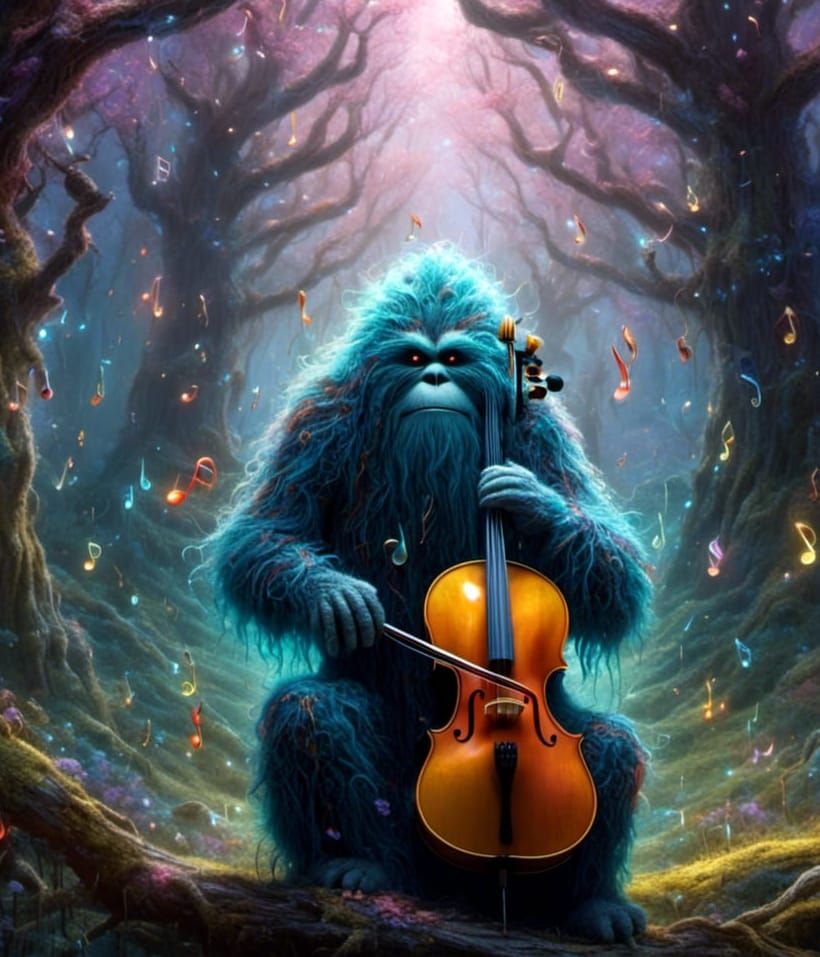 Surreal Sasquatch Plays Cello in Vivid Forest