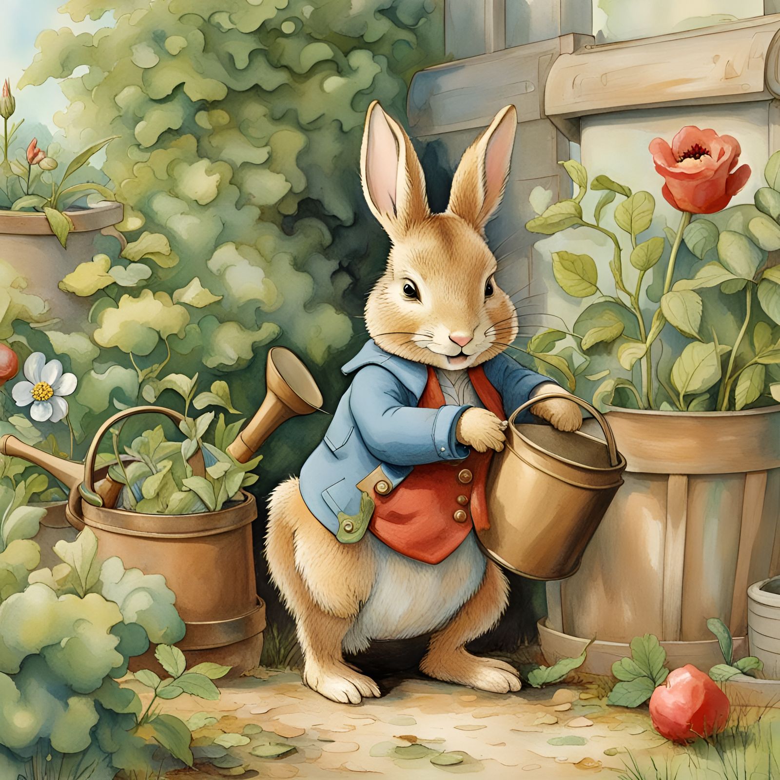 Peter Rabbit by Mr MacGregor's garden fence