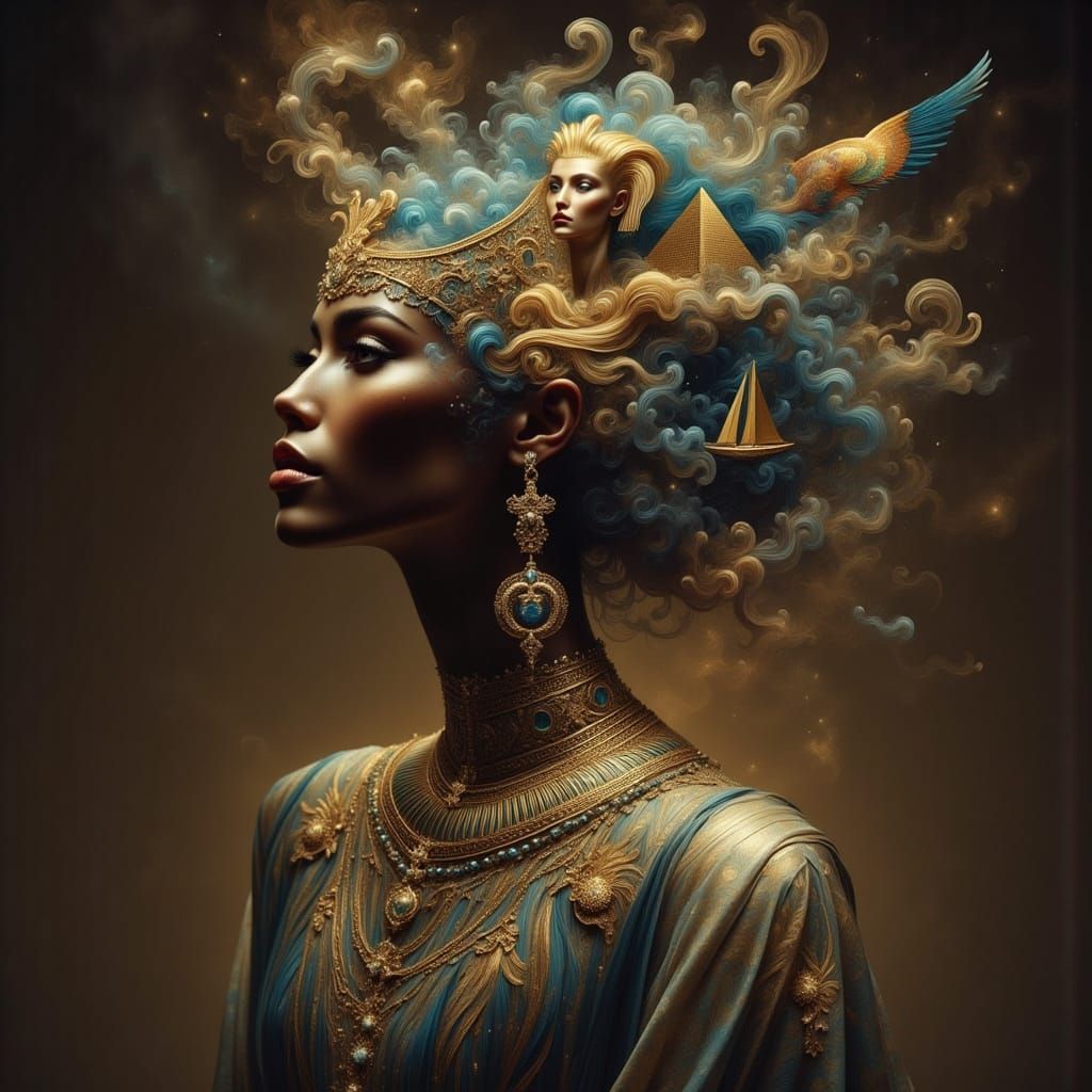 Regal Woman with Egyptian Tomb Projection