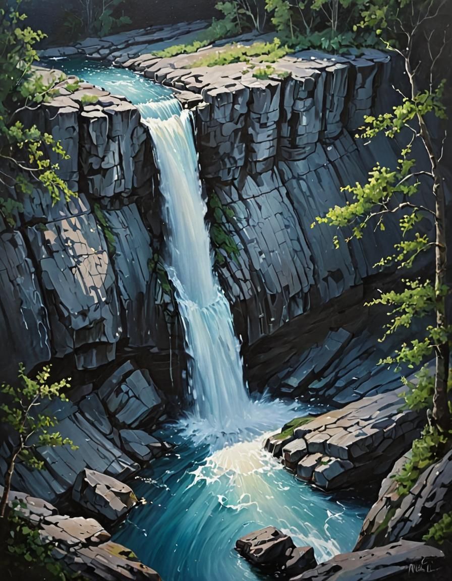 Moonlit Waterfall Oil Painting, Top-Down View