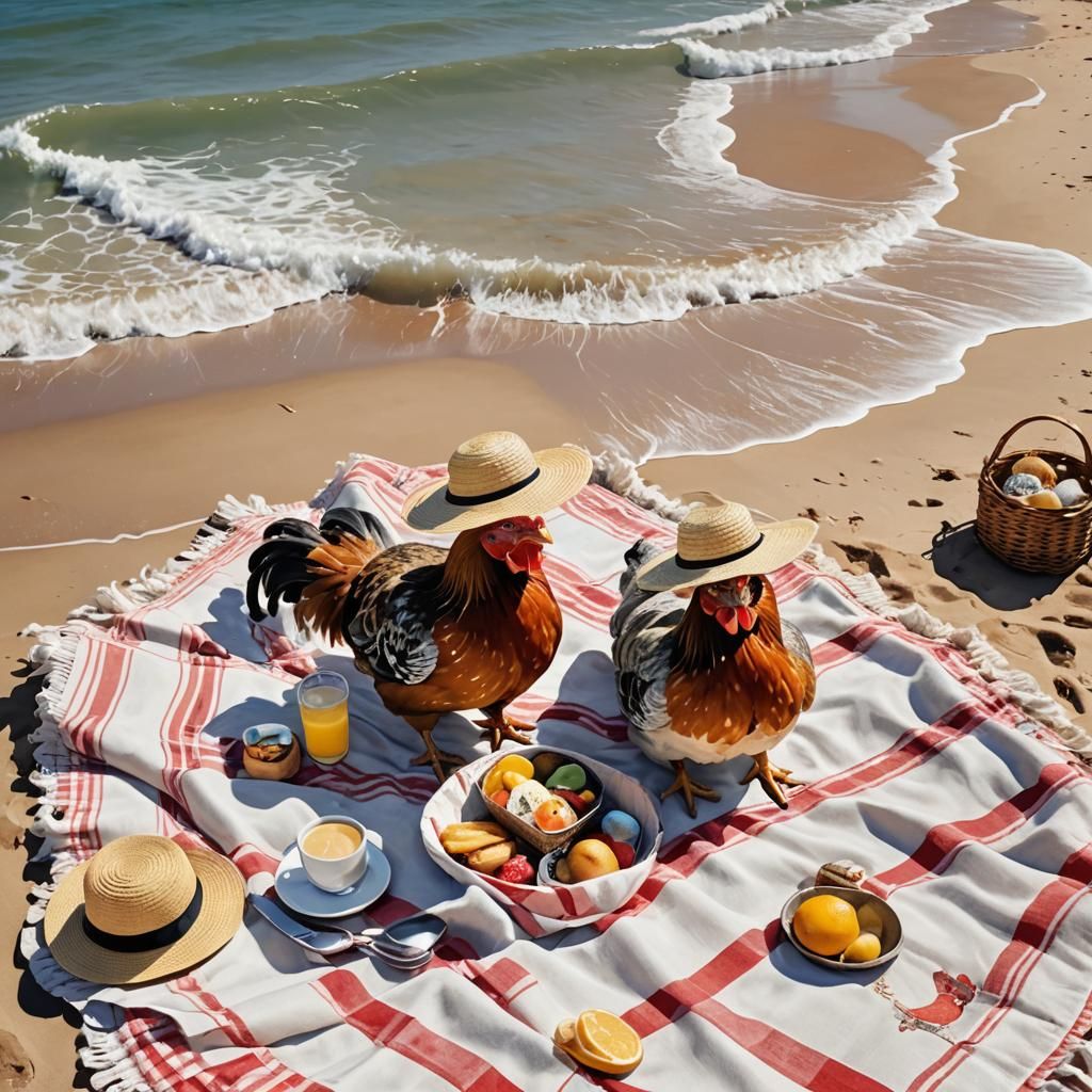 Chickens Enjoying Beach Picnic on Sunny Day