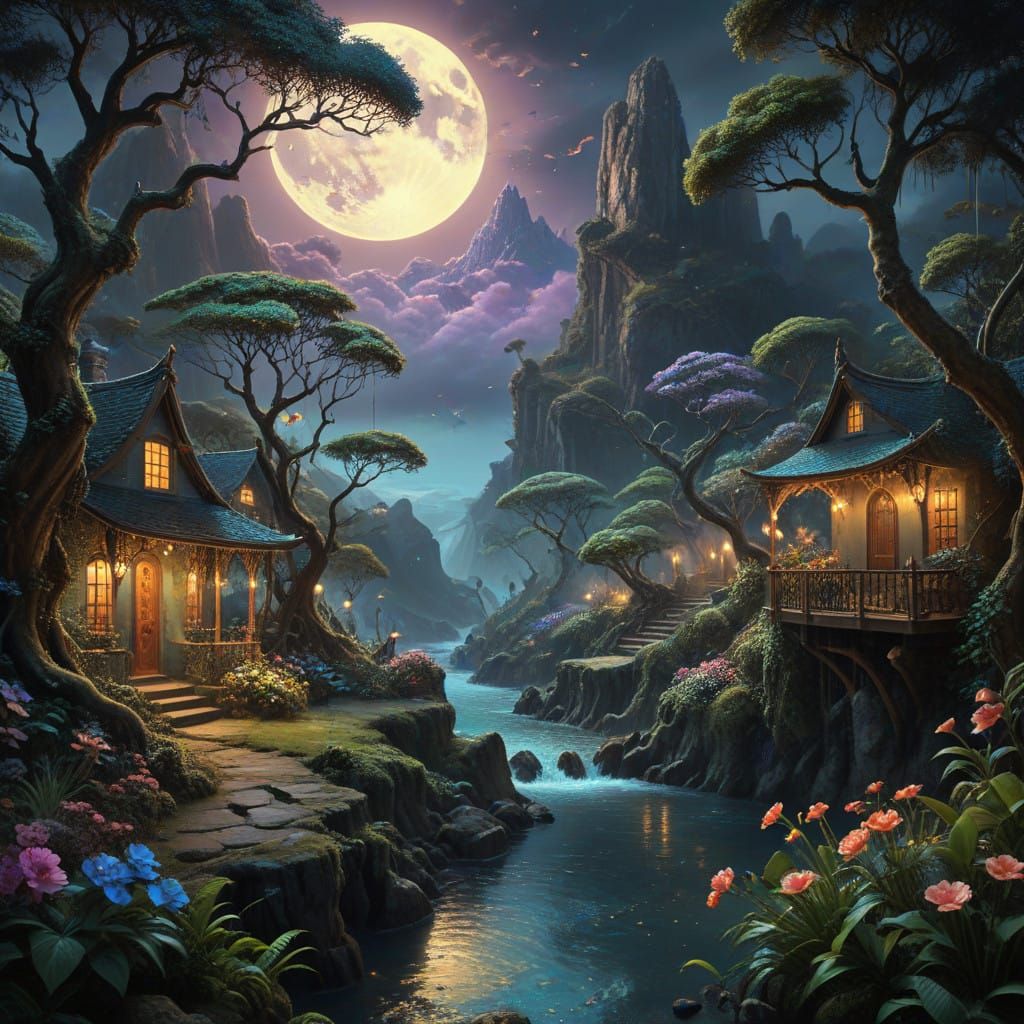 The night sky over a dense rainforest, where apricot-hued flowers glow faintly under the moonlight. Shadows dance among ...