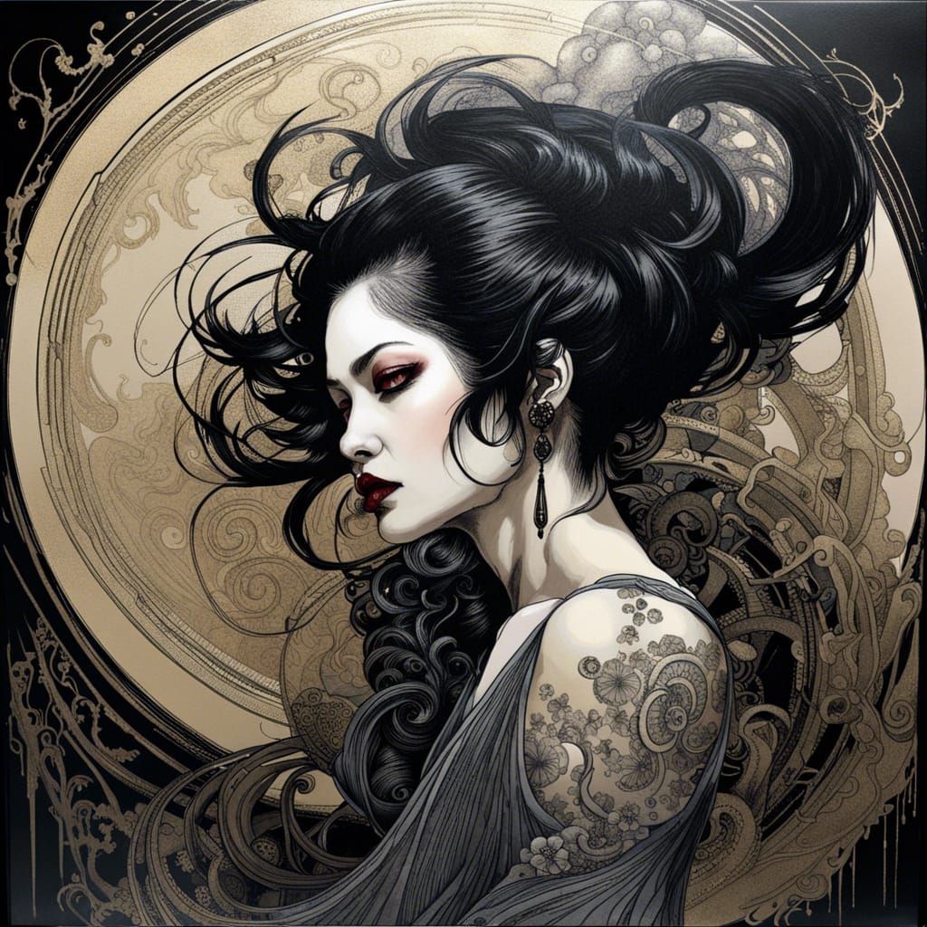 Elegant Vampire Woman in Flowing Black Ink
