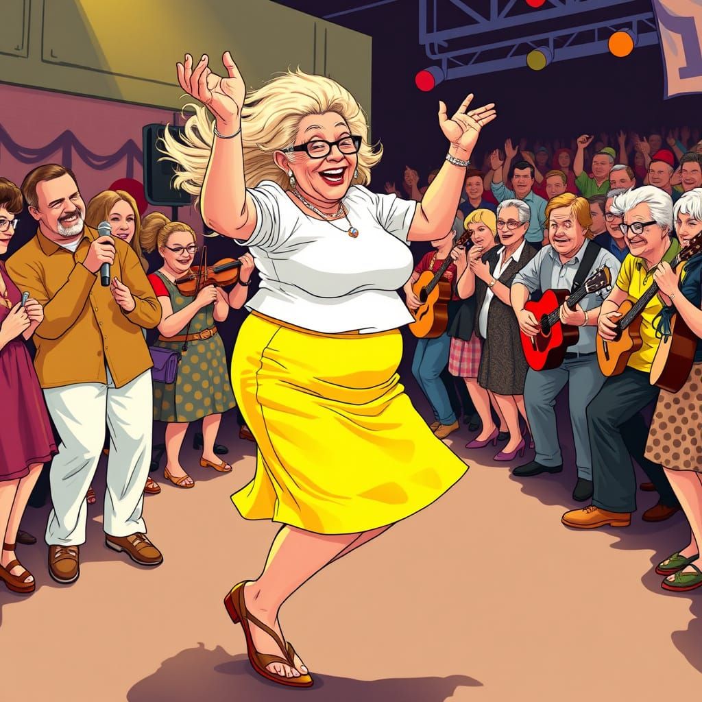 Dancing Granny in Vibrant Yellow Miniskirt, Long Blonde Hair...