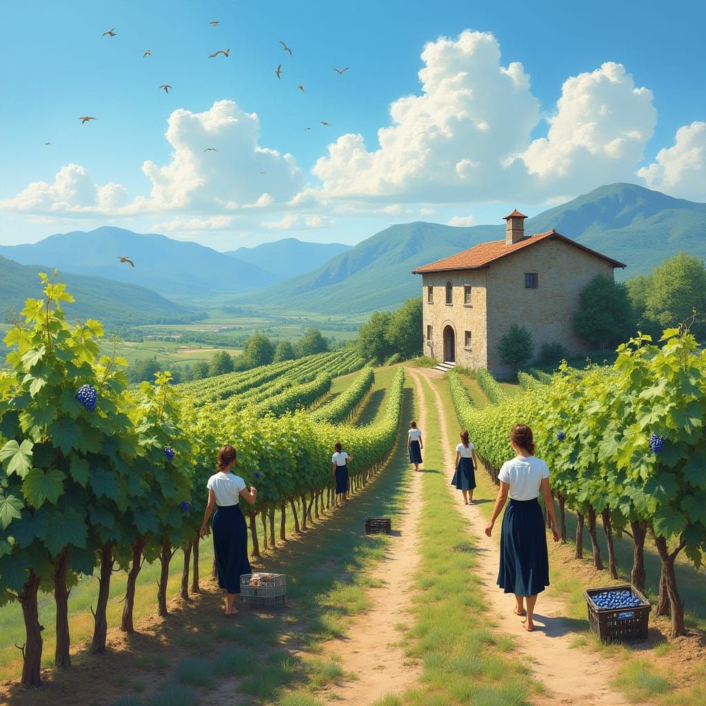 Serenely Beautiful Vineyard Scene in Impressionist Style