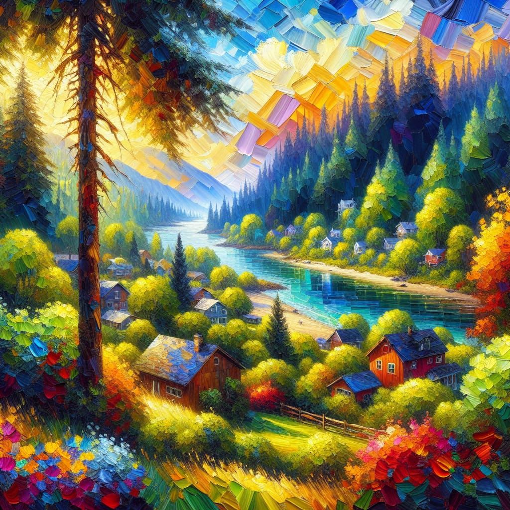 Pacific Northwest Summer Town in Neo-Impressionist Style