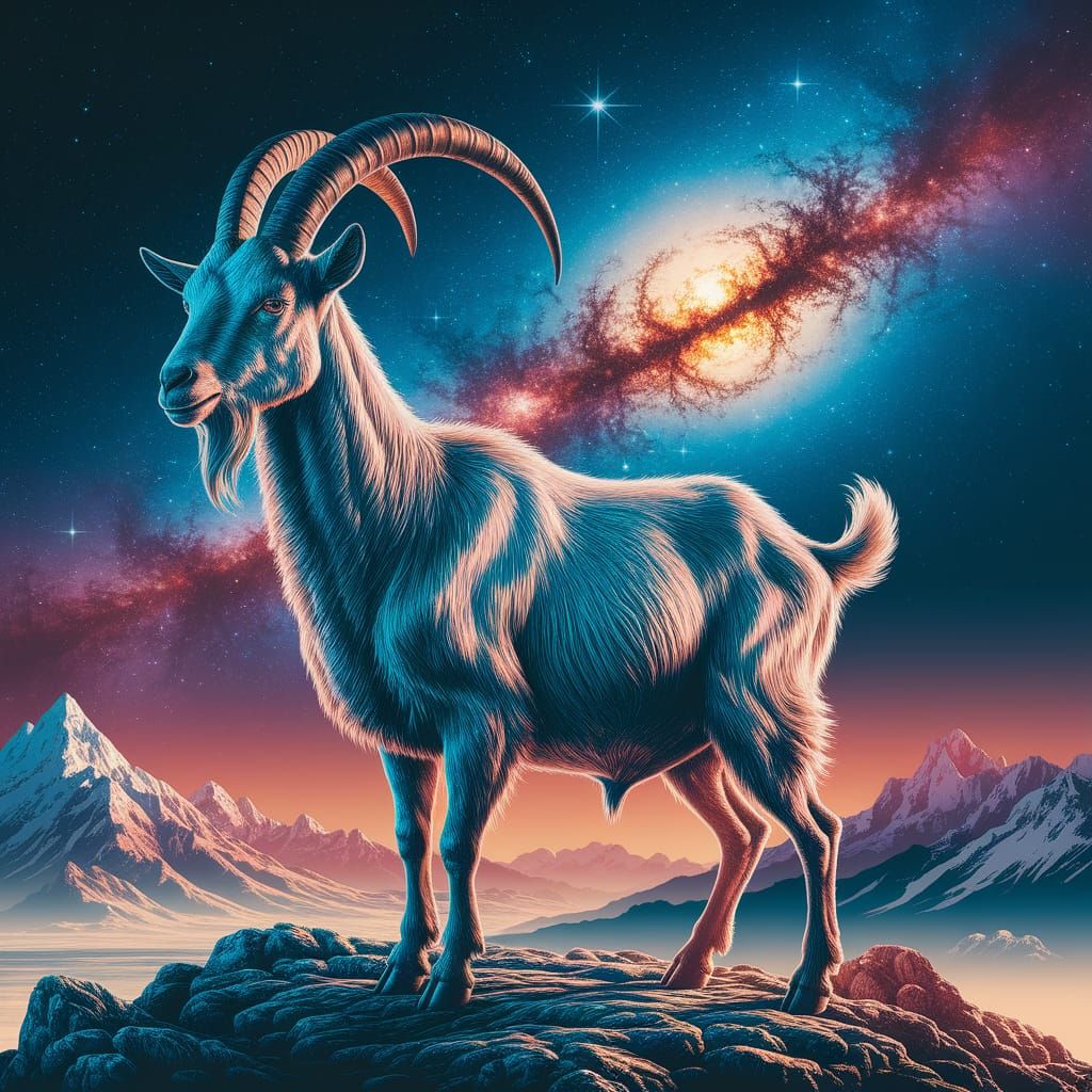 glittering goat, cosmic dreamscape, majestic