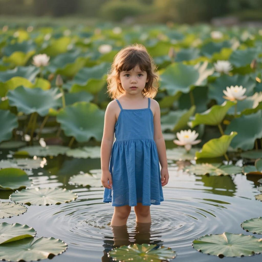 Girl in Sunlit Pond Surrounded by Lily Pads