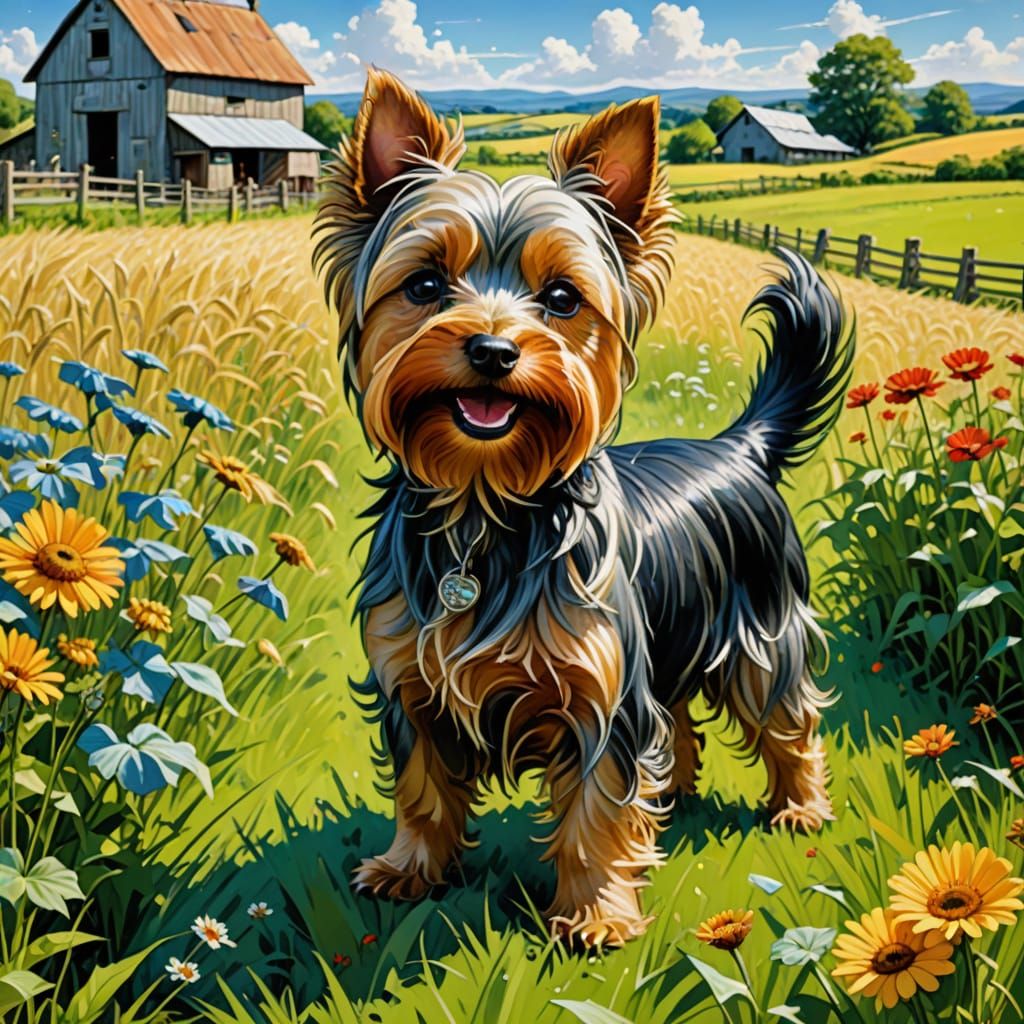 Yorkshire Terrier Puppy in Sunny Field, Yuumei Style