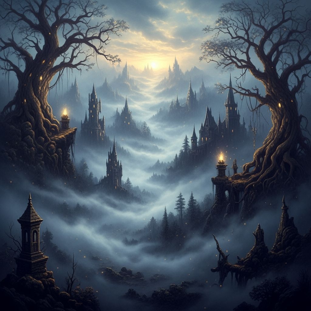 Ethereal Grimdark Fantasy Landscape in Mist