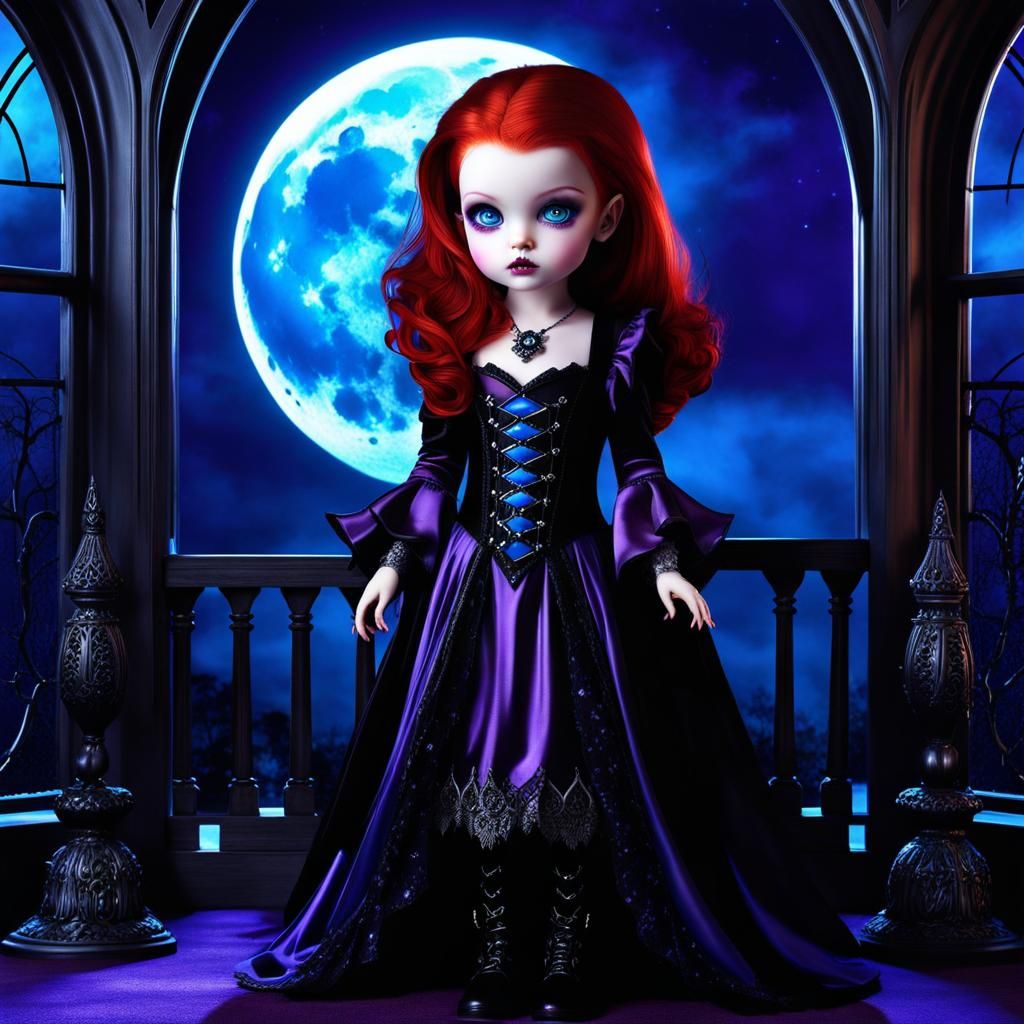 Gothic Baby Vampire with Red Hair and Blue Eyes