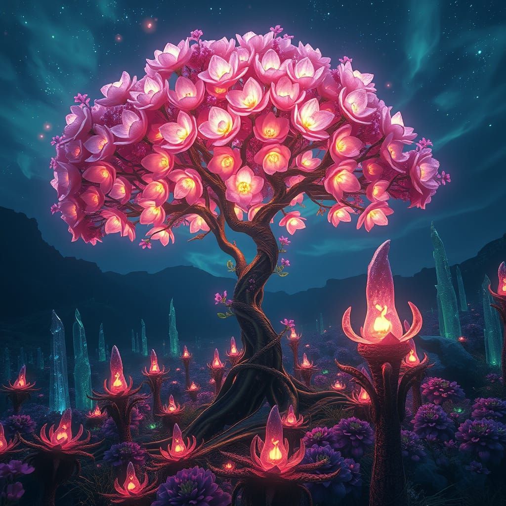 Bioluminescent Rose Tree in Fantasy Landscape