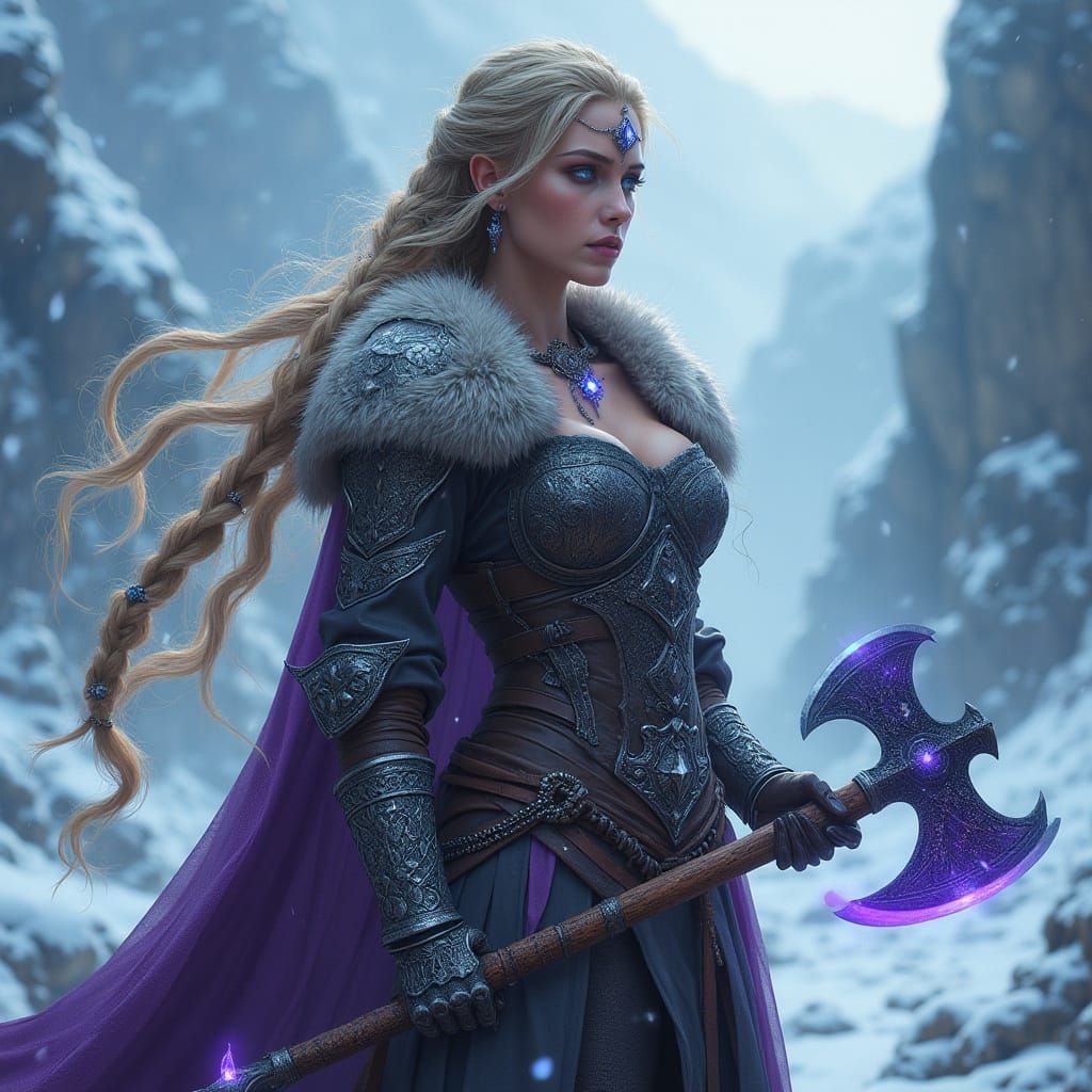 Nordic Warrior Goddess in Snowy Mountains
