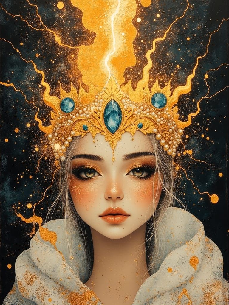 Princess with Golden Lightning Crown Adorned with Pearls and...
