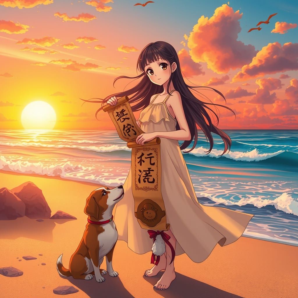 Sunset Beach Goddess with Kanji Scroll