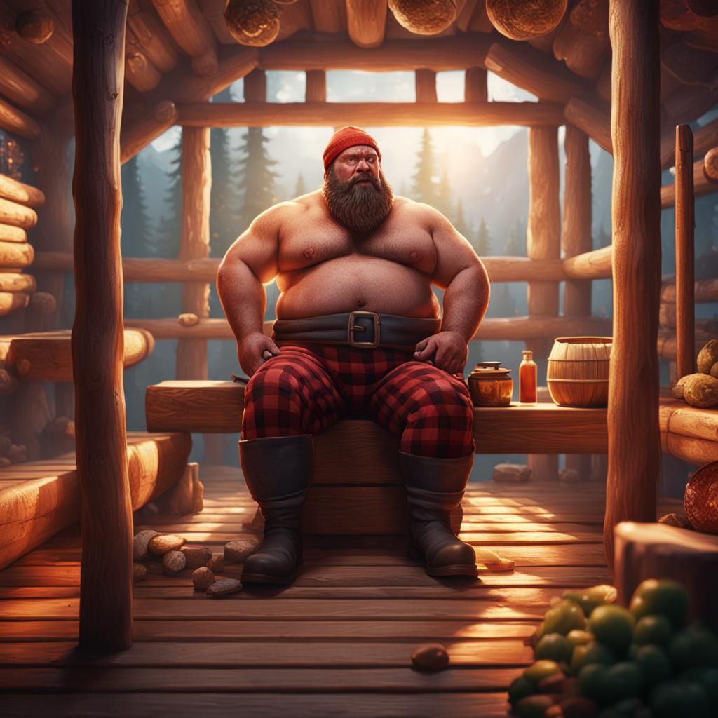 Chubby Lumberjack in Sauna: Detailed Matte Painting