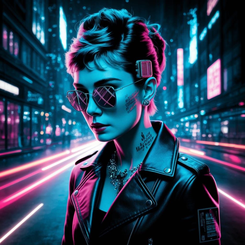 Cyberpunk Audrey Hepburn as a Futuristic Hacker