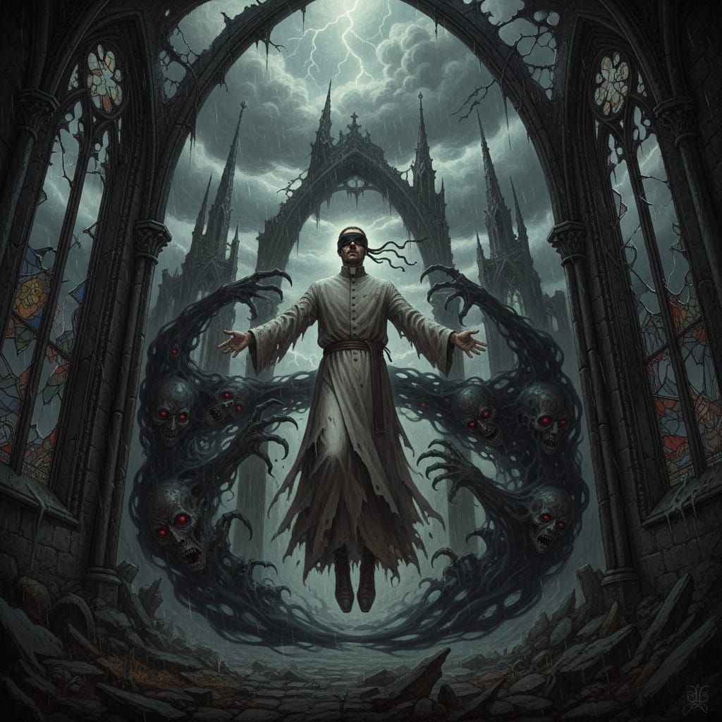 Blindfolded Priest Levitates Amidst Shadowy Whispers in Ruin...