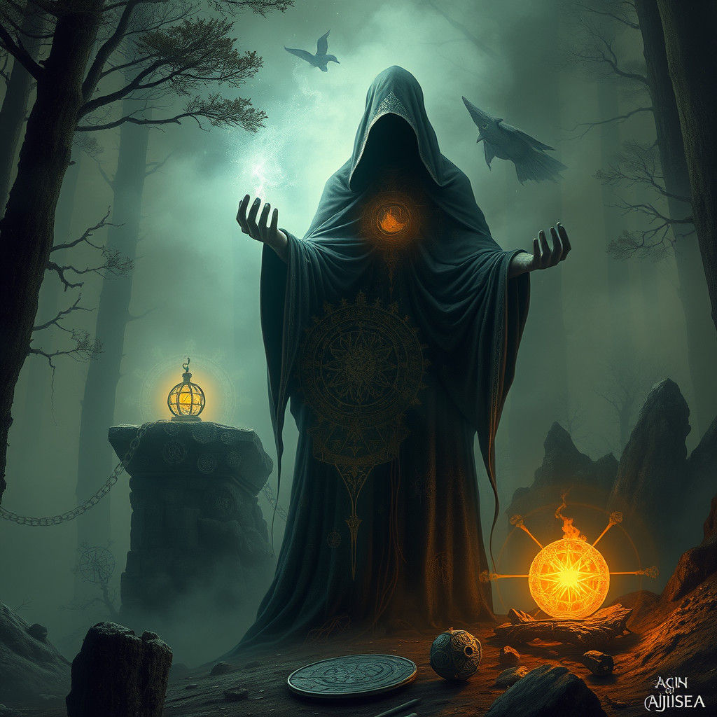 Mystical Figure with Cryptic Symbols in Dreamlike Forest