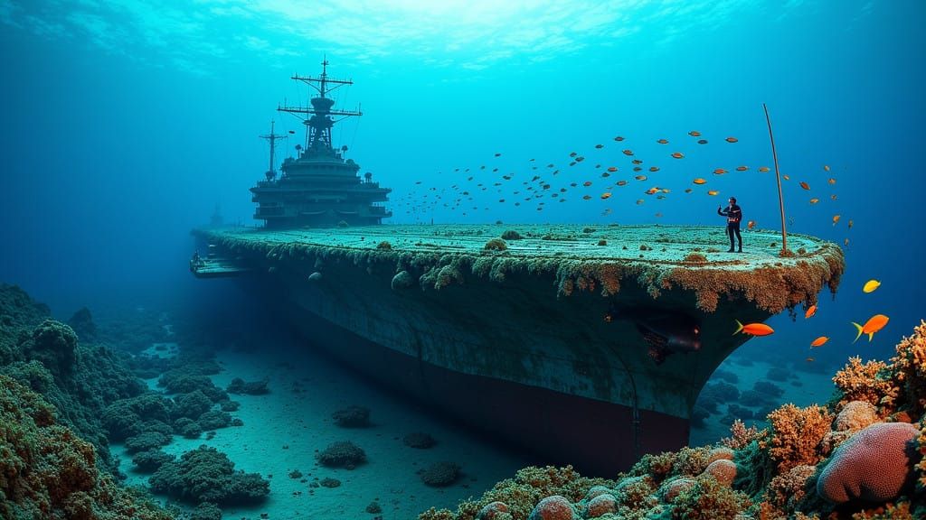 Surreal Underwater Scene with Sunken Aircraft Carrier in Vib...