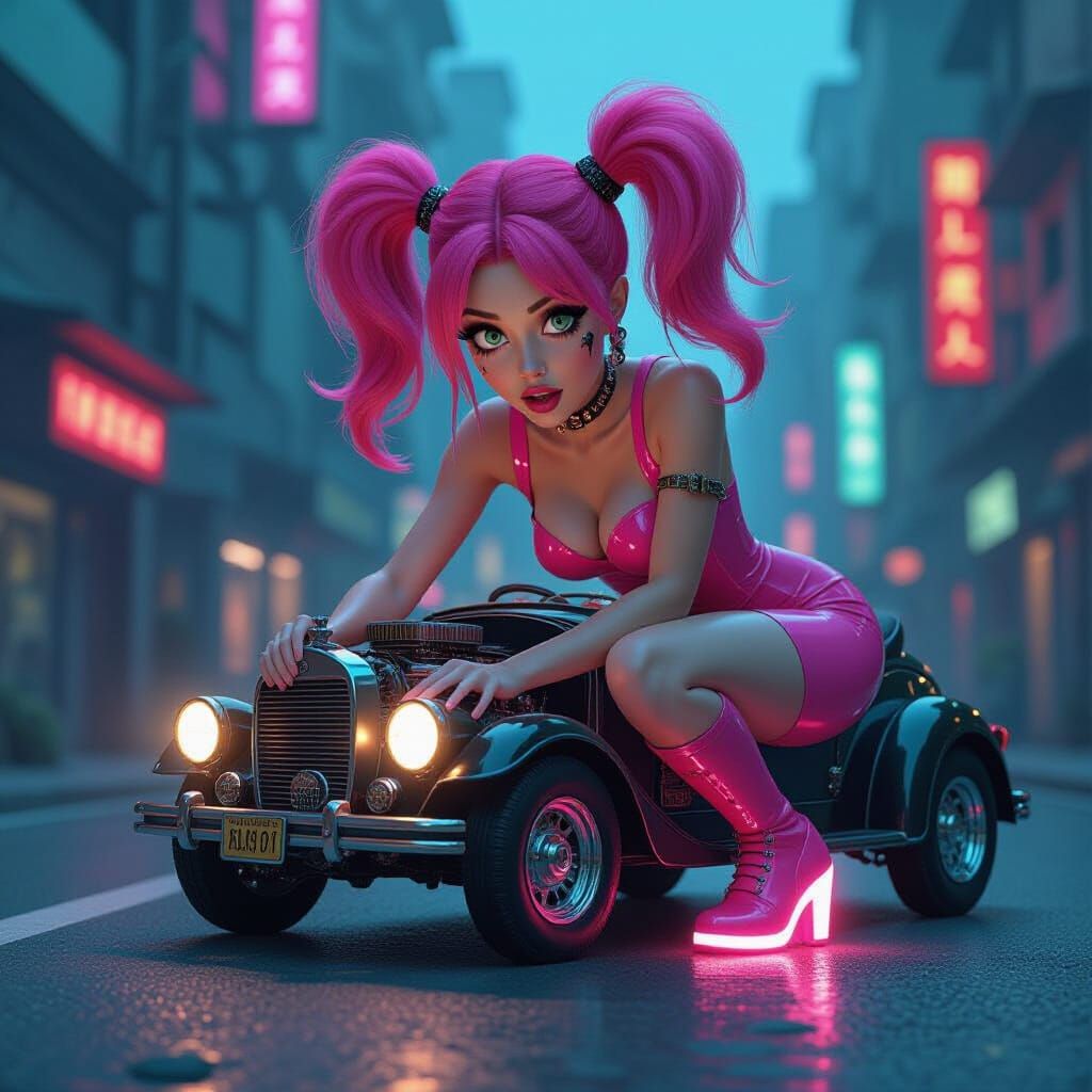 Future Mechanic Fixing Steampunk Car with Pink Hair