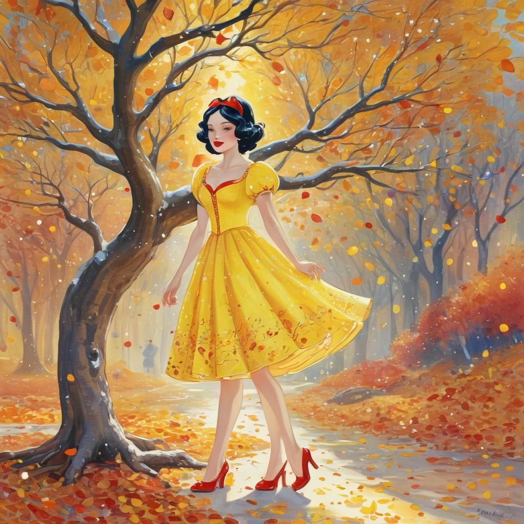 Snow White in Surreal Autumn, Watercolor Fantasy Art