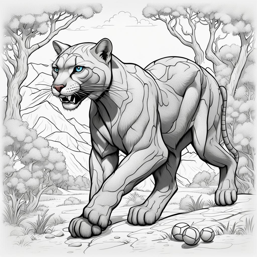 Cartoon Cougar Playing Stick Ball Outline