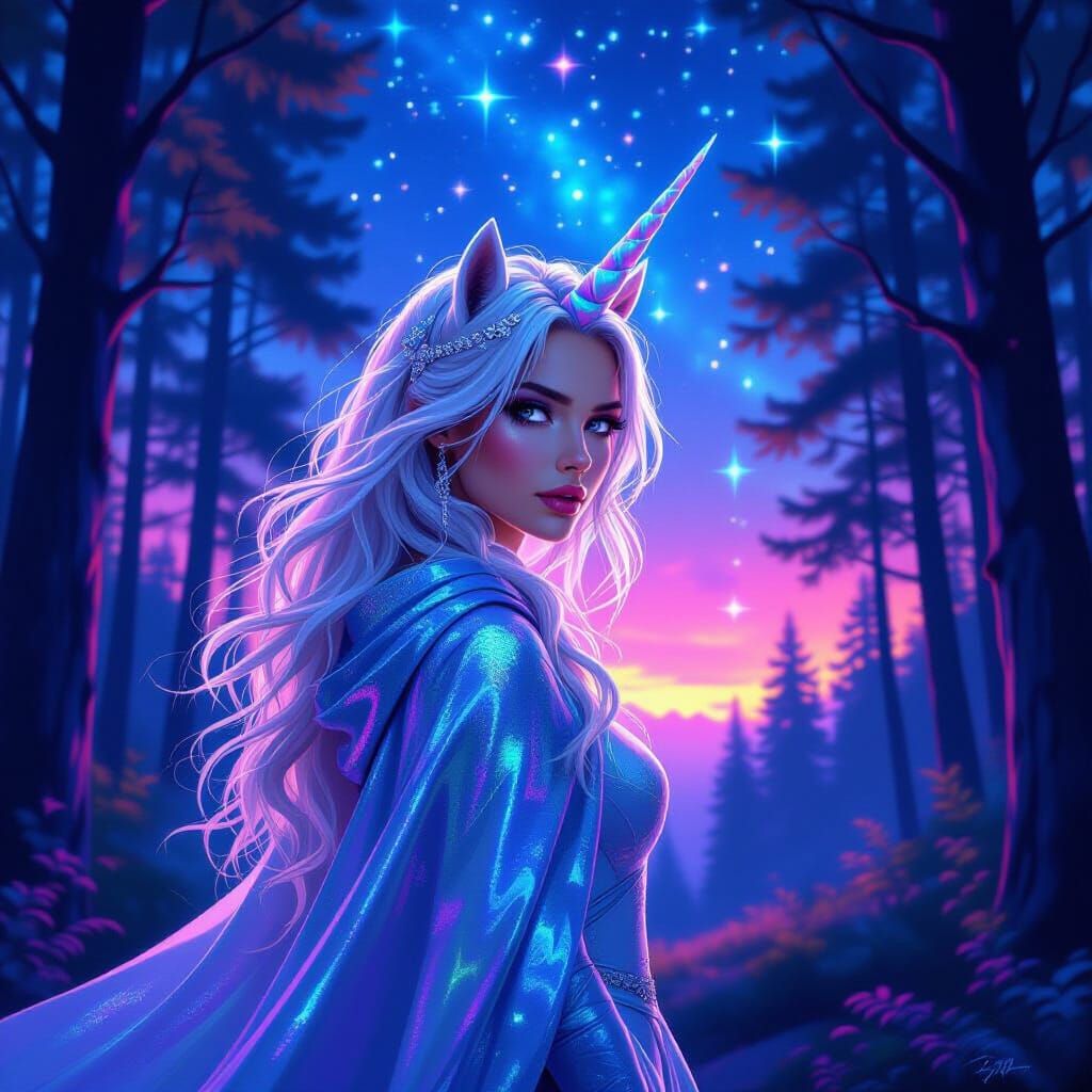 Mystical Unicorn Woman in Neon Starlit Forest