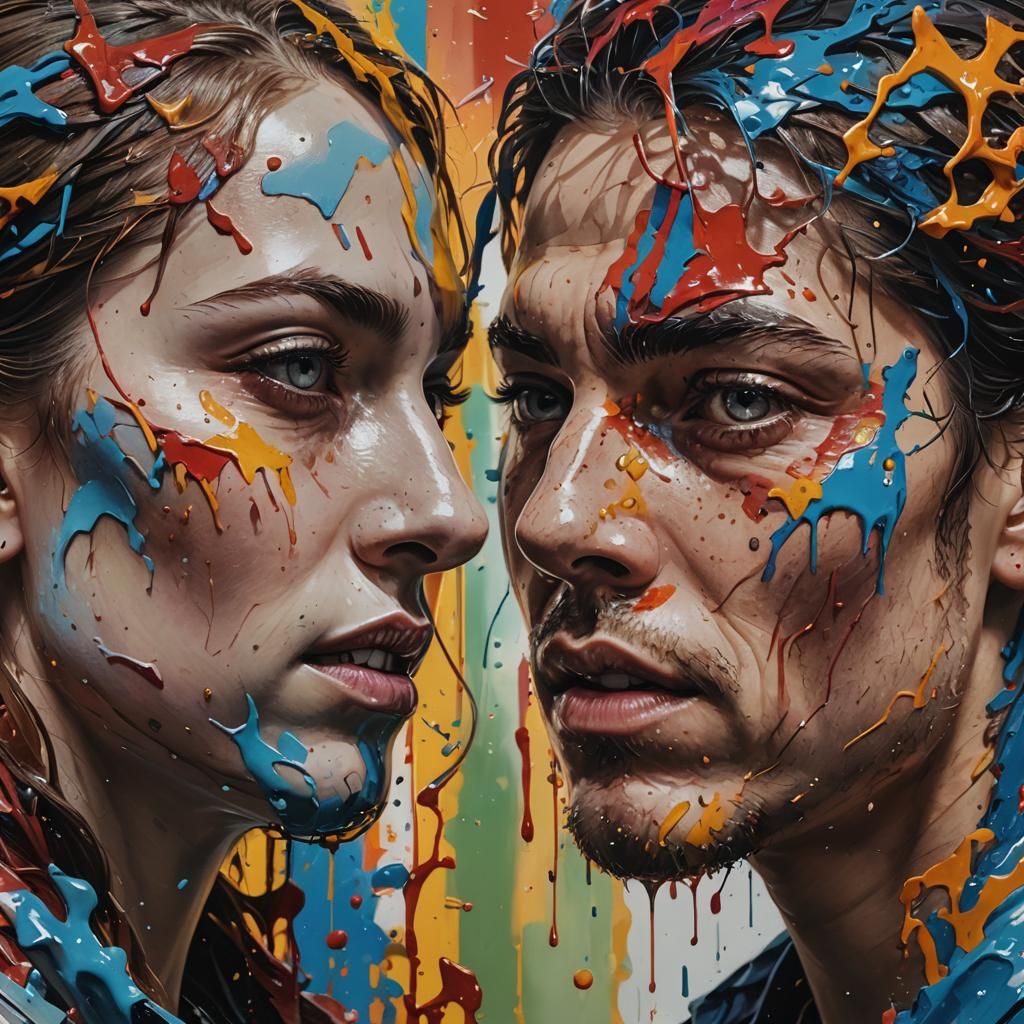 Dramatic Duality Portrait in Hyperrealistic Splash Art