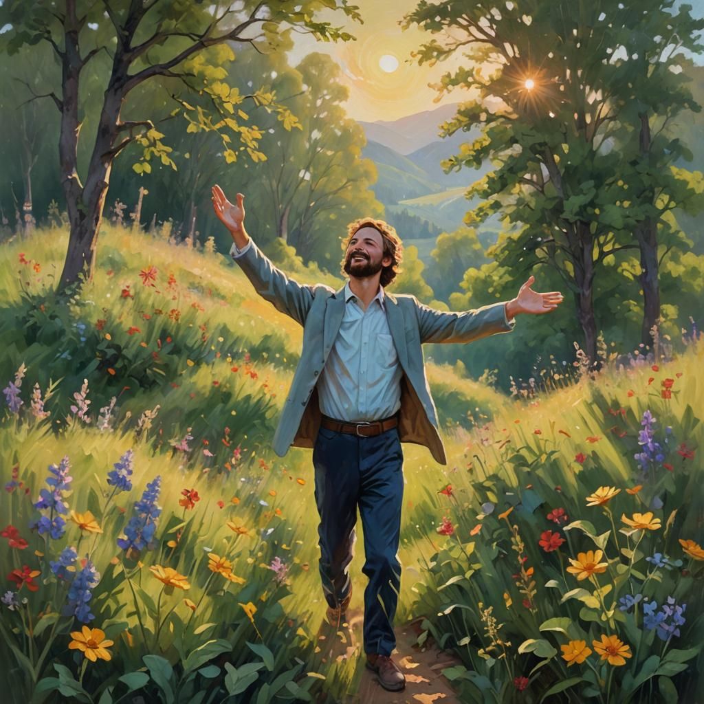 Triumphant Musician in Lush Impressionist Landscape