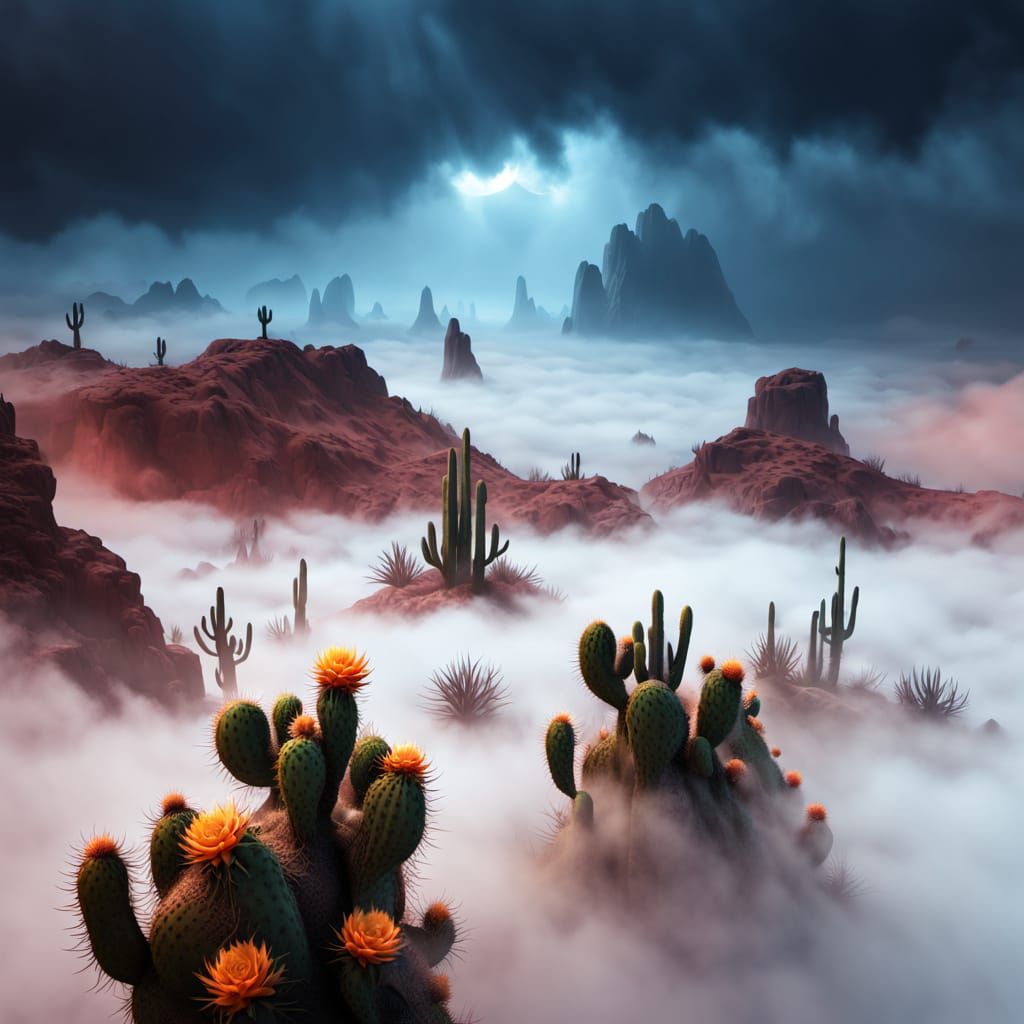 High Altitude Cactus in Eerie Cloud Fog