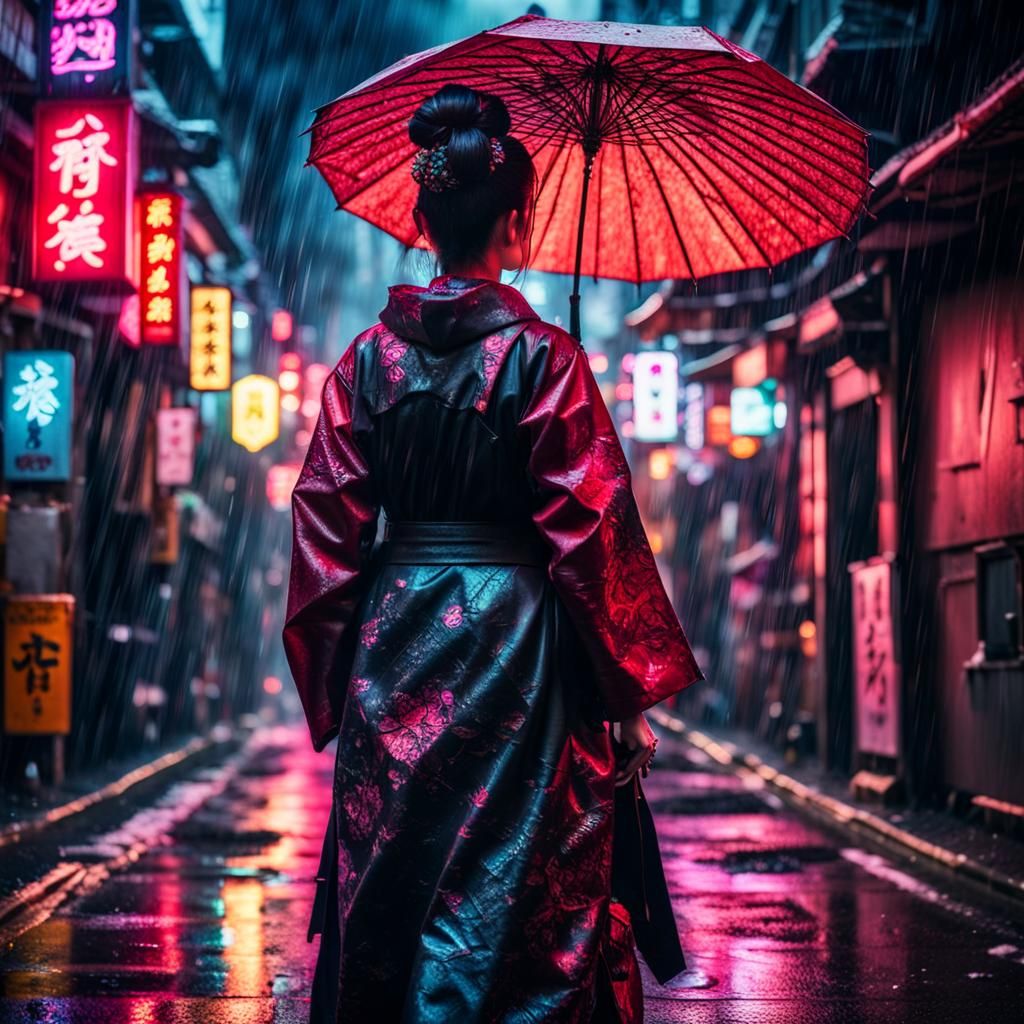 Cyberpunk Geisha in Neon Alleyway Rain