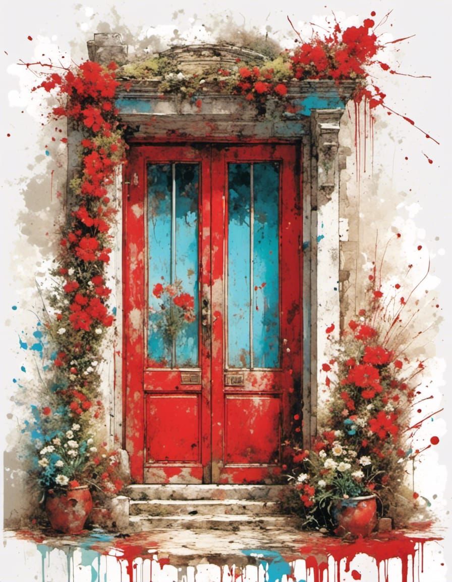 Antique Red Door with Flowers in Graffiti Style