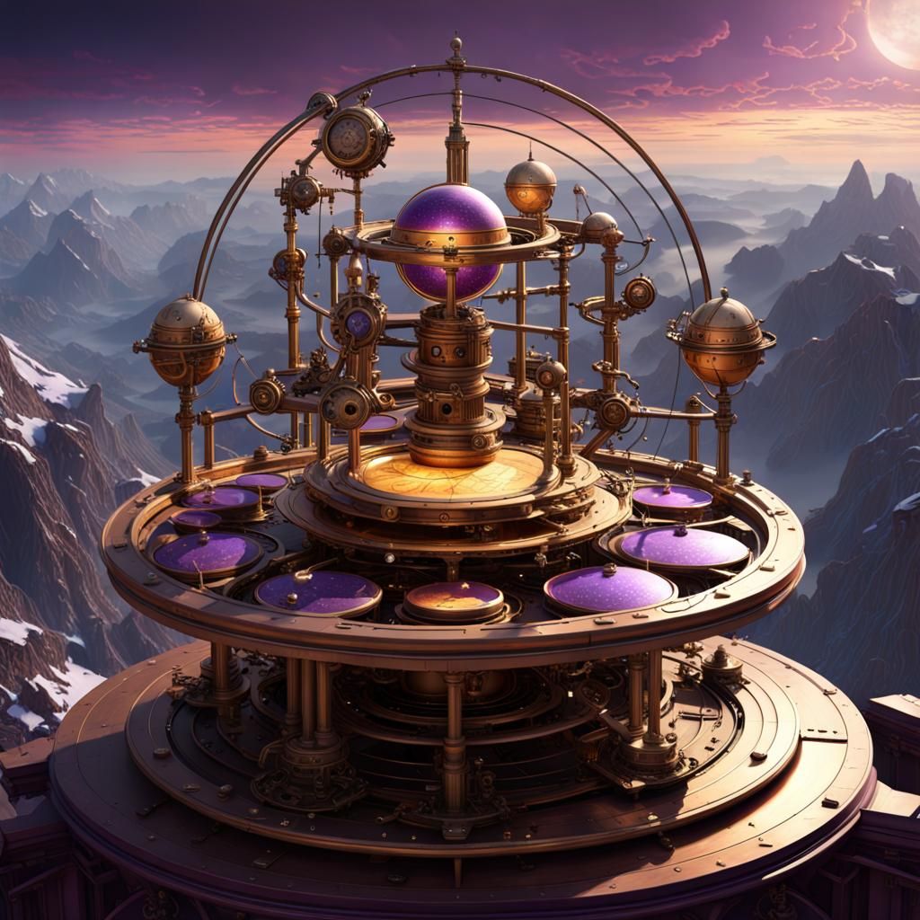 Mountaintop Steampunk Orrery in Dark Fantasy Style