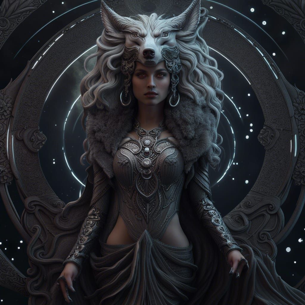 Goddess Hecate with Wolf in Celestial Art